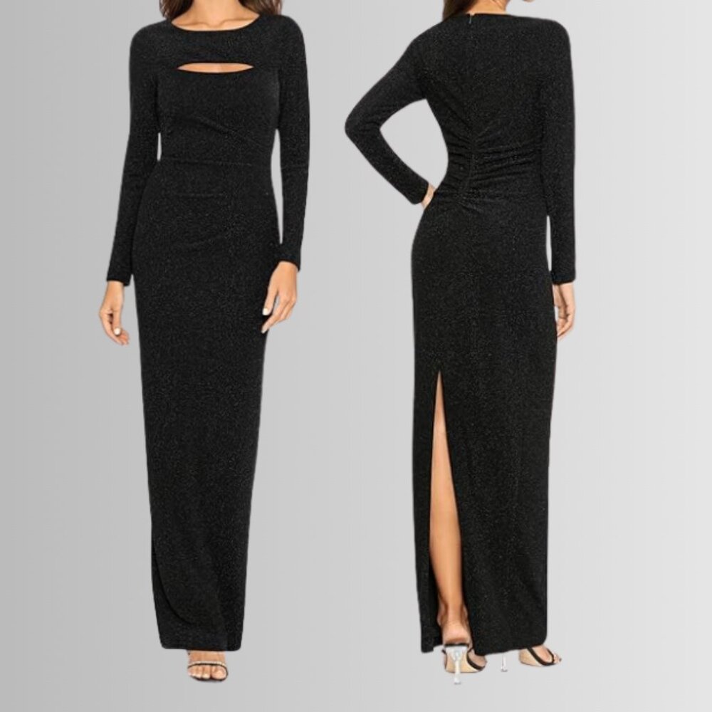 Xscape Black Long Sleeve Glitter Cutout Gown